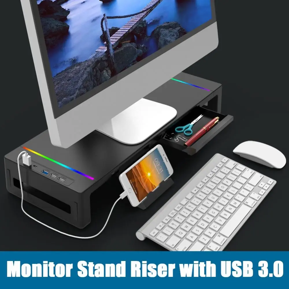 

RGB Lights Monitor Stand Riser with USB Foldable with Storage Drawer Laptop Holder USB 3.0 & 2.0 Hub Phone Holder