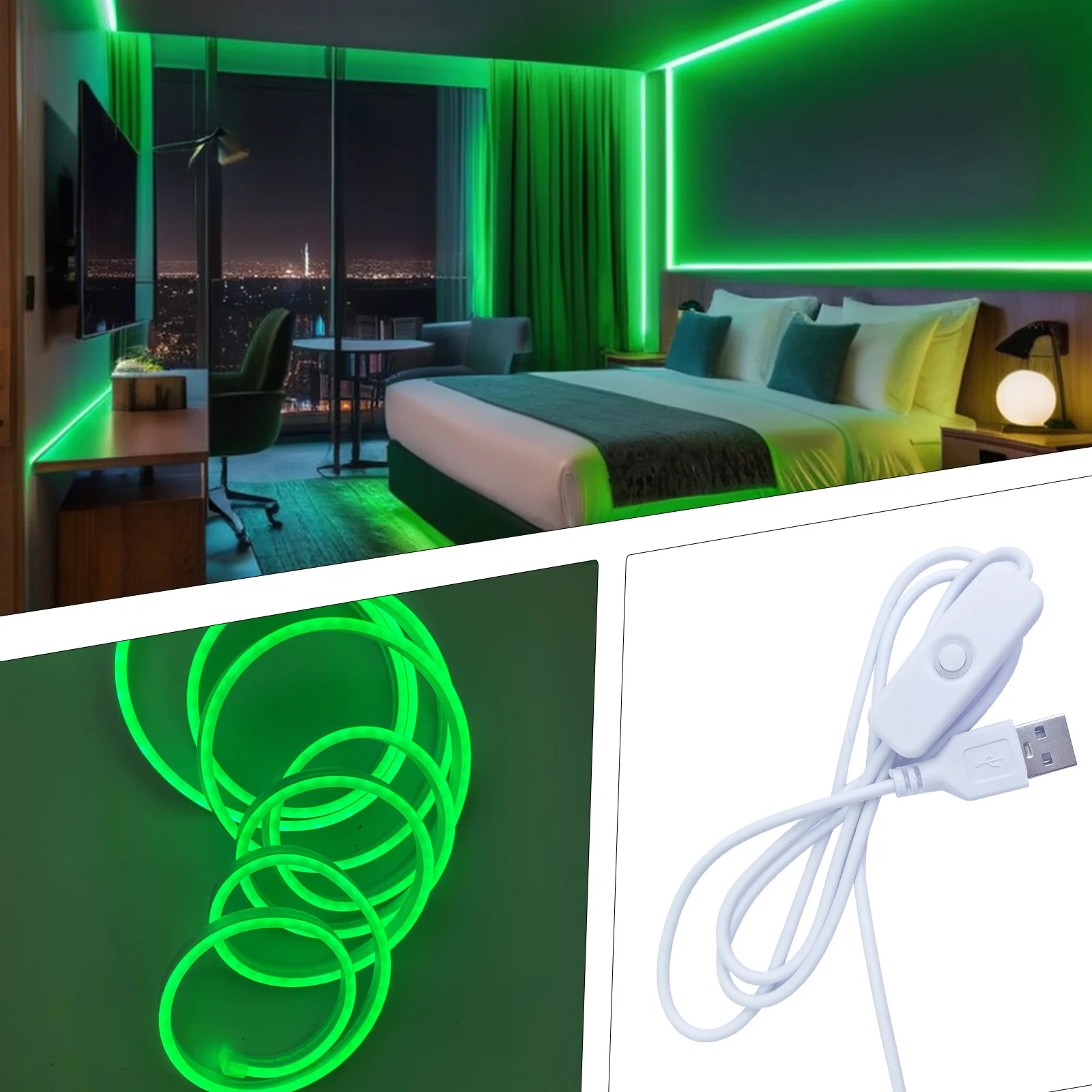 Led Green Flexible Neon Light Strip (100-500cm/39.3-196.8inch) 5v Low Voltage Usb Power Supply, 501 Button Adjustment Control Lighting, Suitable for