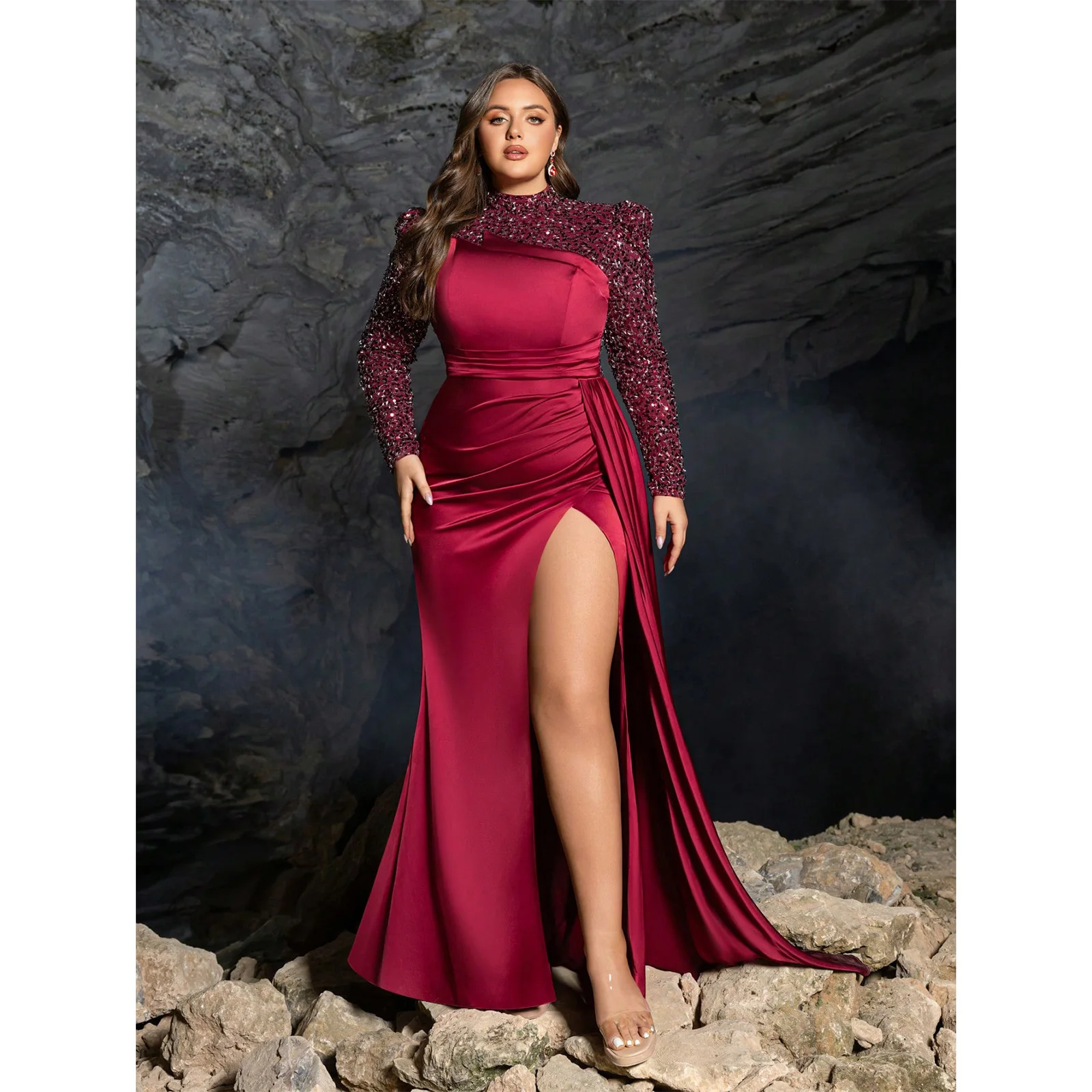 Plus-size stand-up collar beaded corset with high slit up to the thigh and draped satin side pleats for a luxury party dress.202