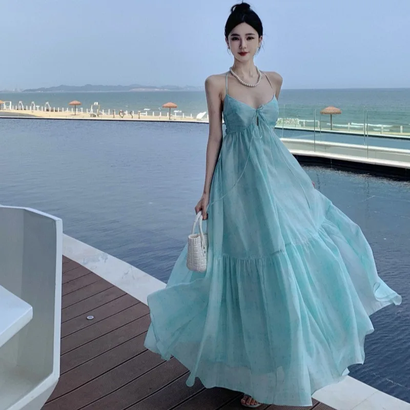 Fengxin Purple Mint Green V-neck Hanging Neck Strap Dress Long Dress Summer Beach Vacation Fairy Dress