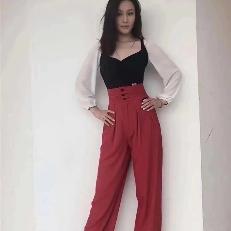 customized Latin dance pants with high waisted straight leg loose modern pants for teaching women Cha Cha samba tango rumba wear