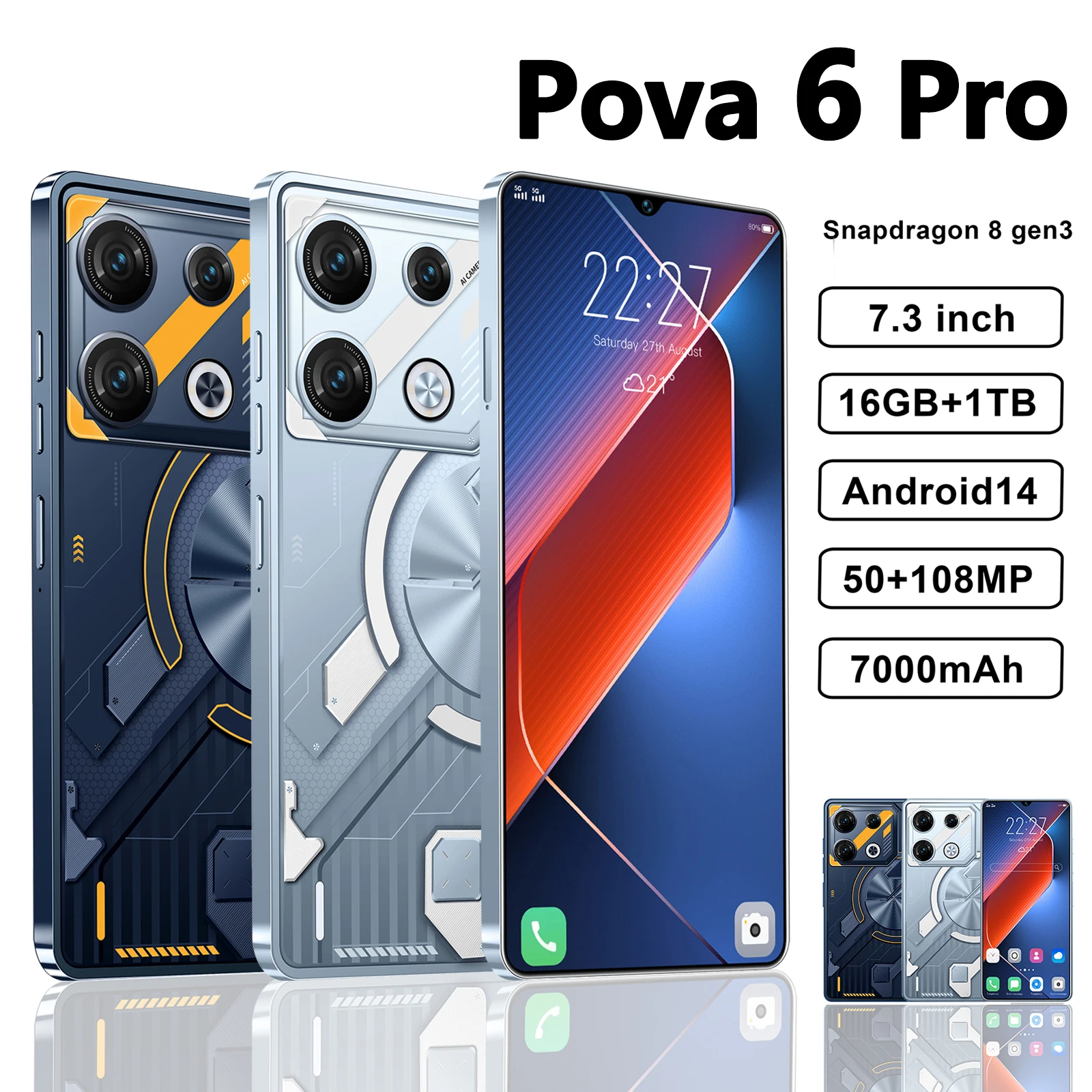 

Оригинальный смартфон Pova 6 Pro, телефон с экраном 7,3 дюйма HD 16 ГБ + 1 ТБ, мобильный телефон с двумя SIM-картами, 50 + 108 МП, 7000 мАч, Android 13, разблокированный телефон