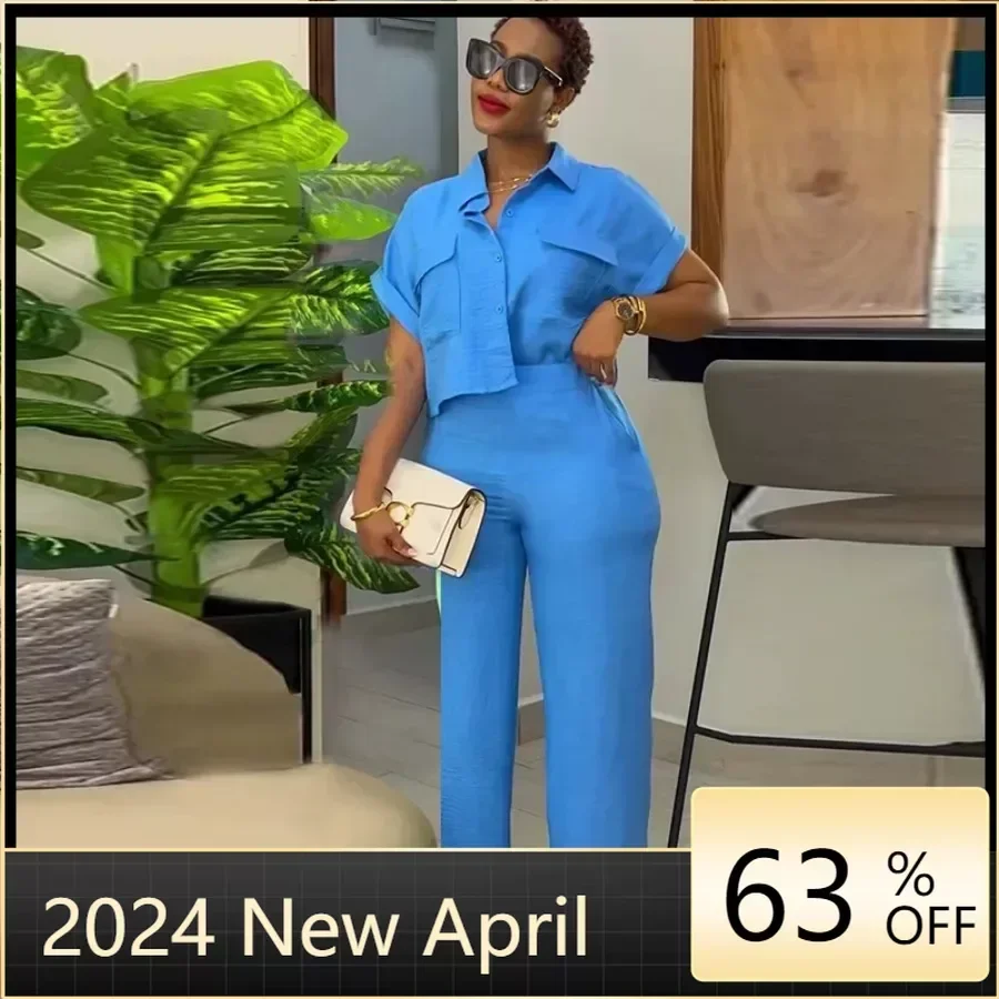 Mode Vintage Damen Set Kurzarm Shirt und Hose mit weitem Bein 2024 Frühling Straße Zwei 2-teilige Sets Outfit Trainingsanzug