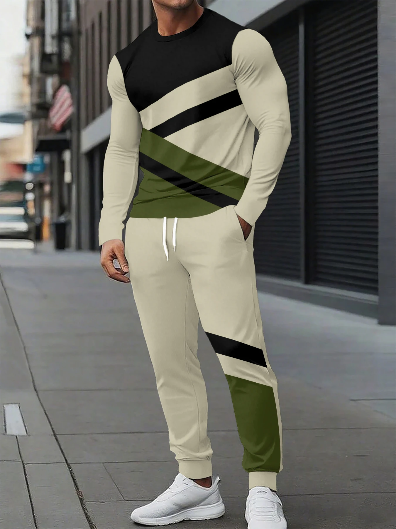 

Urban Street Fashion Trend Men's Long Sleeve Round Neck Set 2pcs Daily Casual Men's Round Neck Top Outdoor Casual Loose Long Sty