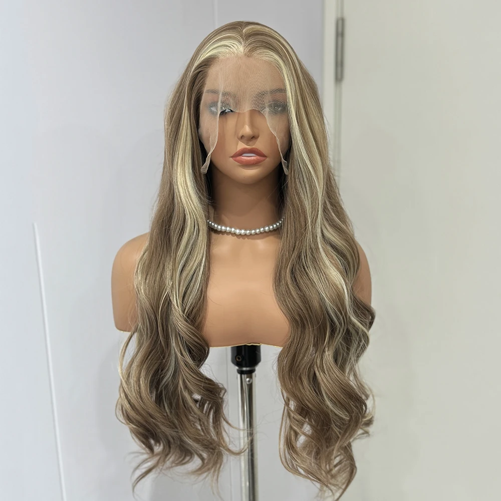 Hightlights Brown Wig Ash Blonde Synthetic Hair Long Wave Deep Body Wave Glueless Wigs Frontal Lace Wigs For Women Cosplay Party