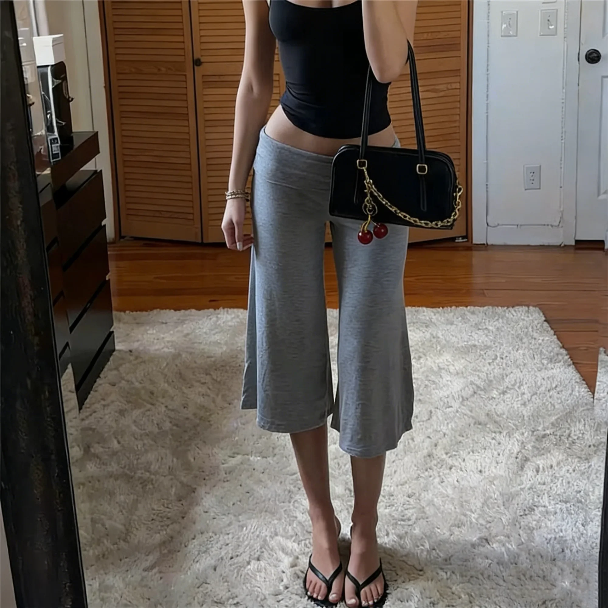 Fold Over Waist Pants Low Rise Cropped Wide Leg Capri Summer Yoga Pajama Bottoms for Women
