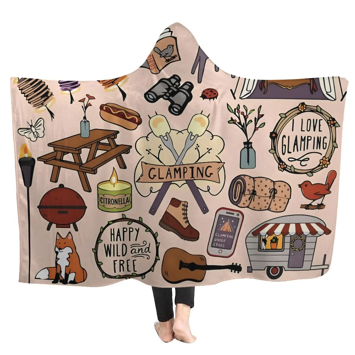 1pc Camping Style Cape Hooded Blanket Single Layer Fleece