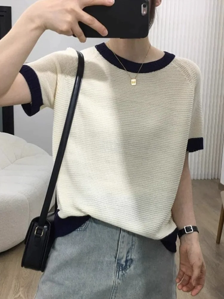 

Korean Sle Color Blo Design round Ne Pullover Knitwear Summer Casual Loose ort Sve Top for Women Commute Wind