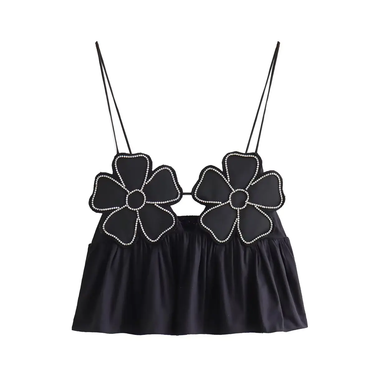 Summer women\'s new black glossy flower decoration short pure cotton top with small suspender vest