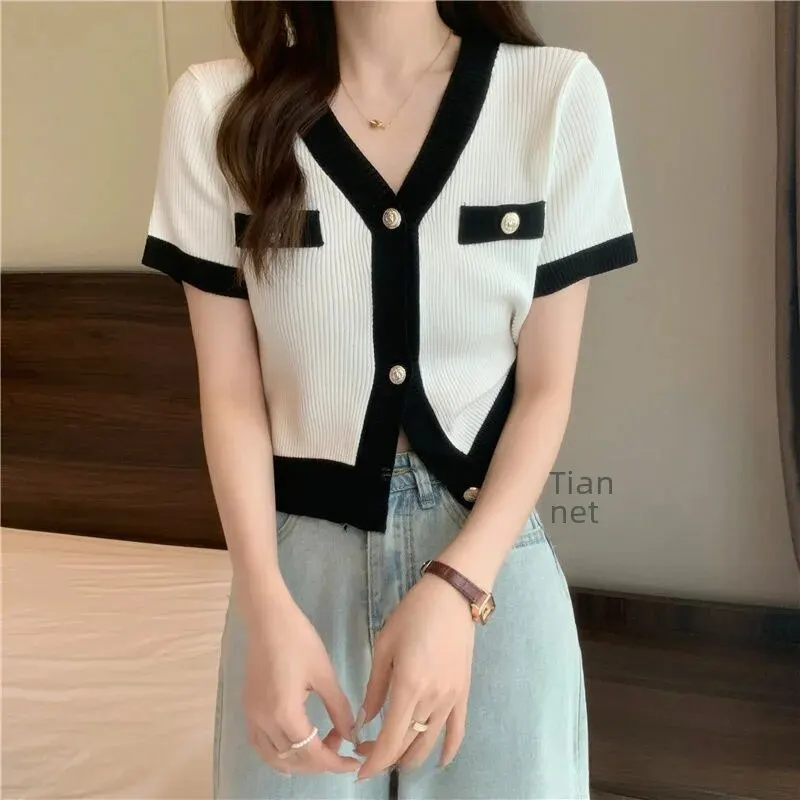 Short Knitted T-shirt Women Summer High Waist V-neck Thin Open Shirt Trendy Small Exposure Ice Silk Top Clothing