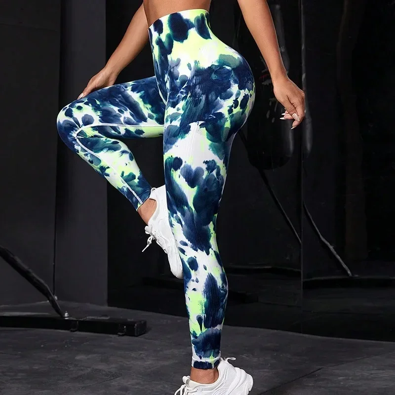 Seamless Knit Leegings Female Tie Dye Fitness Pants High Waist Hip Liftting Tights Outdoor Running Elastic Slim Yoga Leggings