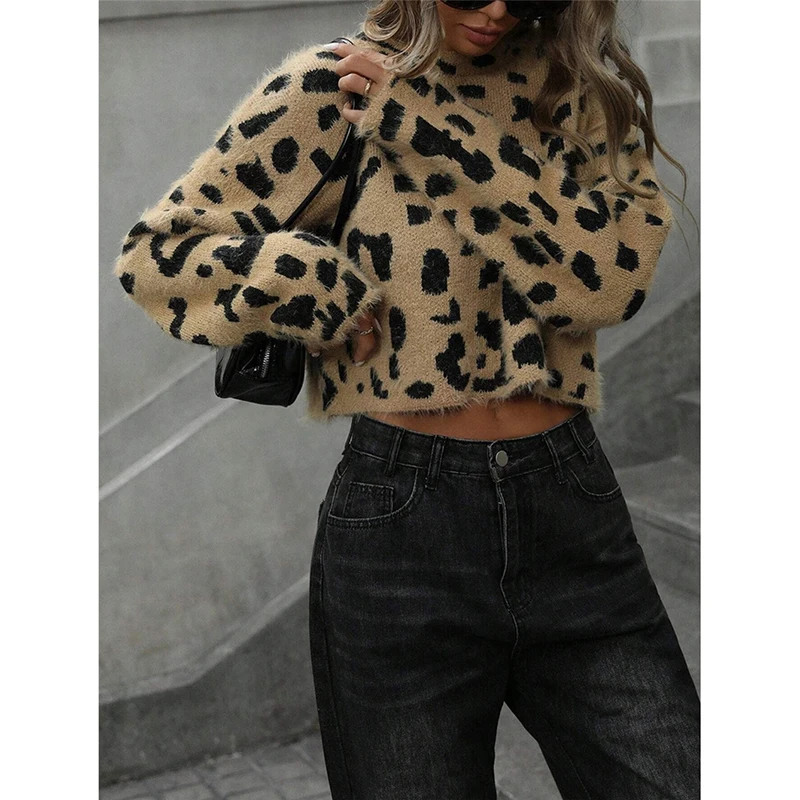 

2025 Autumn Winter O-Neck Bottoming Pullovers Leopard Knitted Sweaters Woman Vintage Style Loose Jumper Blouse Women