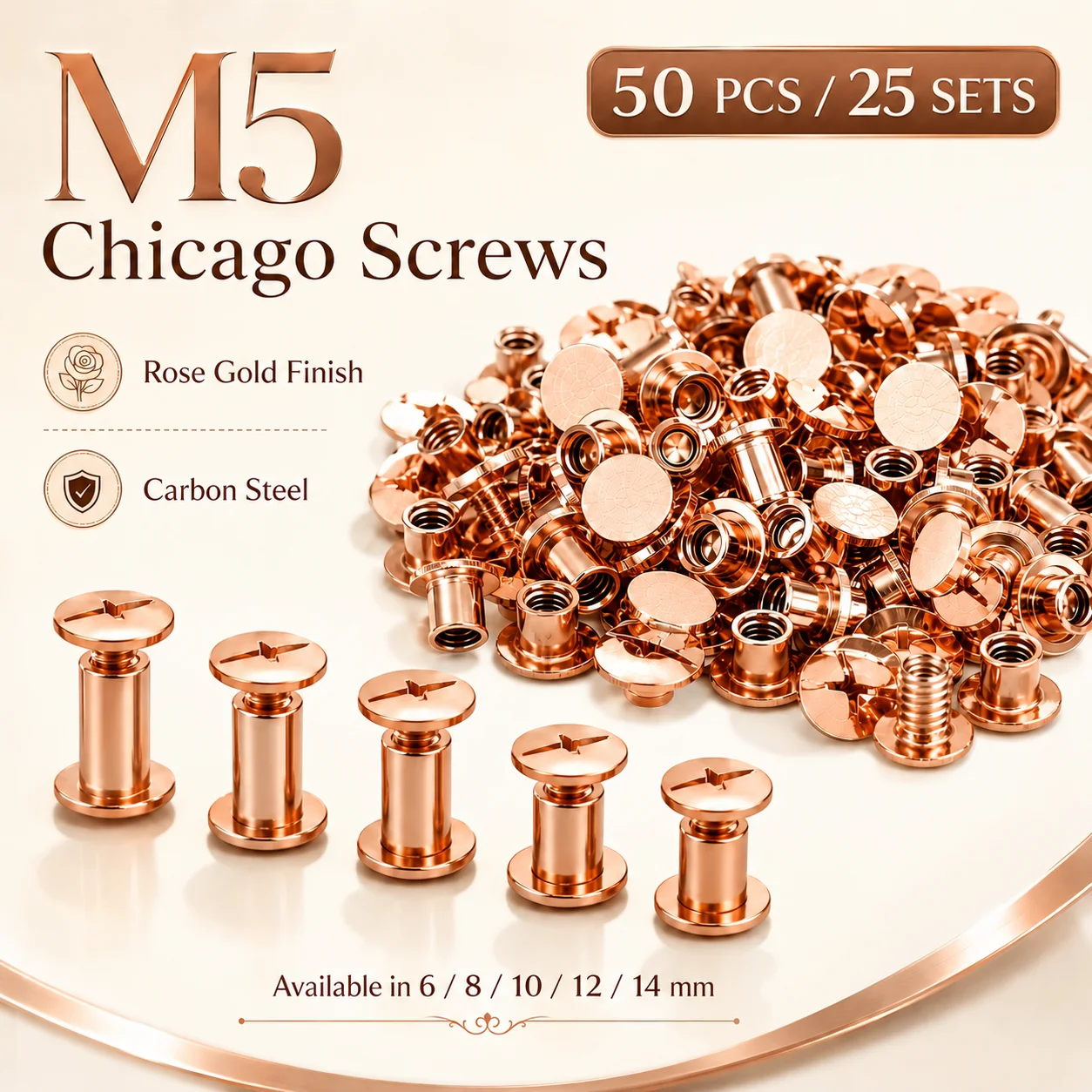 25 sets of 6/8/10/12/14mm metal leather craft bolts, accounting round head screws with rivets, luggage craft clothing screws