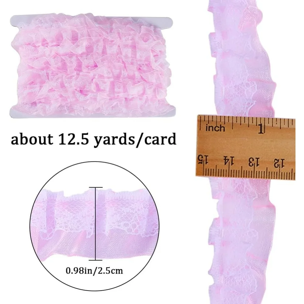 12.5 Yards Pink Double Layers Organza Lace Ribbon Pleated Satin Lace Edge Trim 1 Inch Wide Ruffle Chiffon Edging Trimmings