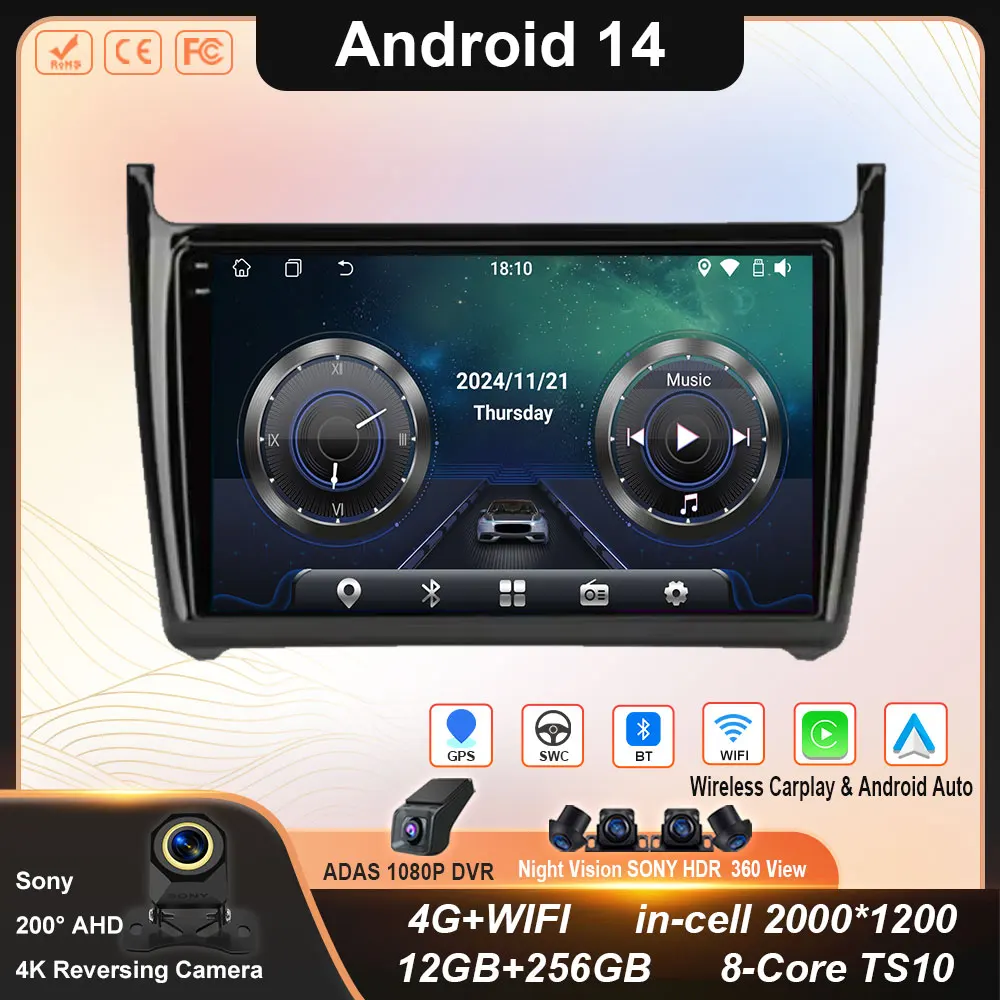 

Android 14 Auto Radio 2Din CarPlay Multimedia Video Player For Volkswagen VW POLO sedan 6r 2008-2020 GPS Navigation Car Radio 4G