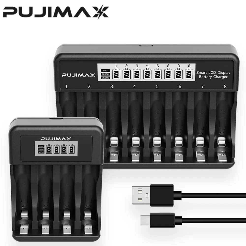 PUJIMAX 4/8slot AAA/AA Battery Charger for 1.5V Li-ion Rechargeable Battery Short Circuit Protect LCD Display Li-ion USB Charger