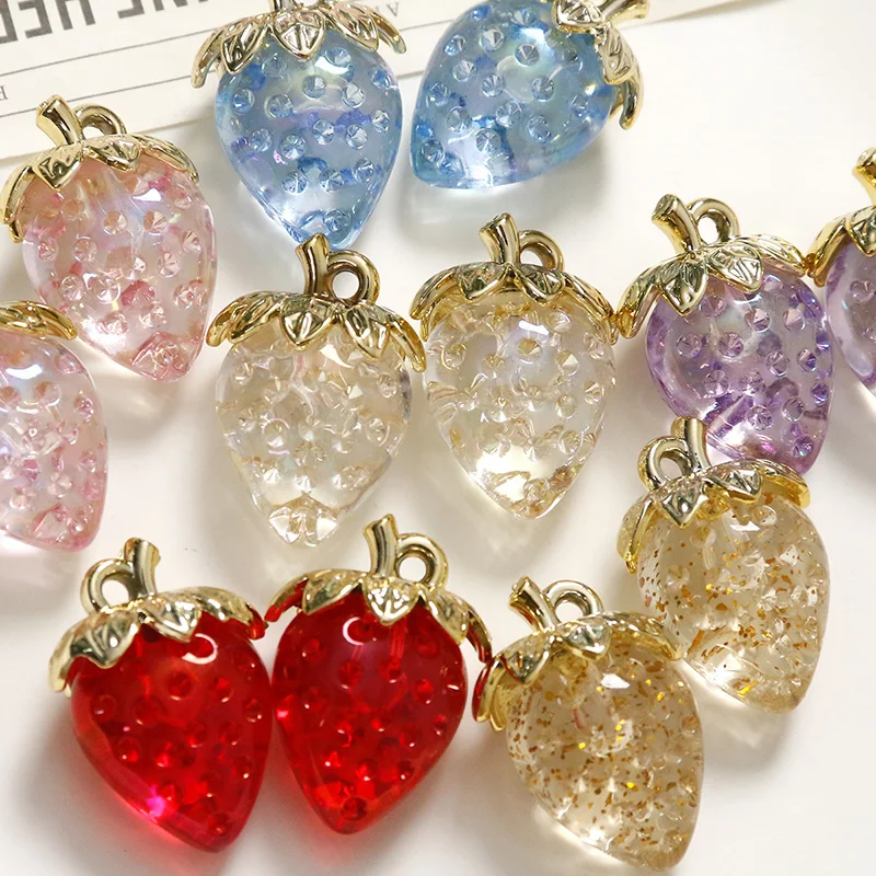 10 buah 3D Bling stroberi akrilik anting pesona campuran putih merah Fuit liontin DIY untuk gantungan kunci Eardrop perhiasan membuat