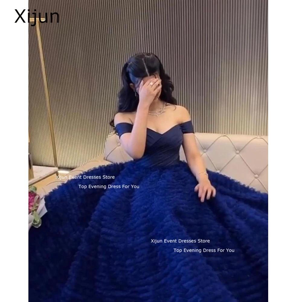 Xijun Navy Blue Tulle Evening Dresses Saudi Arabric Off The Shoulder Prom Dresses Gogerous Ruffles Tiered Prom Gowns Party Gown