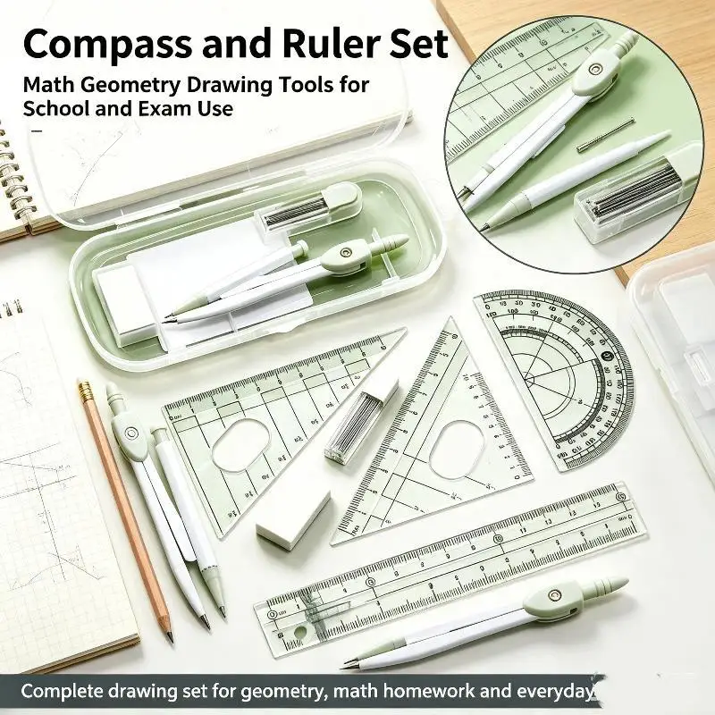 Back to School Stationery Set 3/8Pcs BPA Free Plastic Ruler Compasses Eraser Measuring Kit for Kids Student