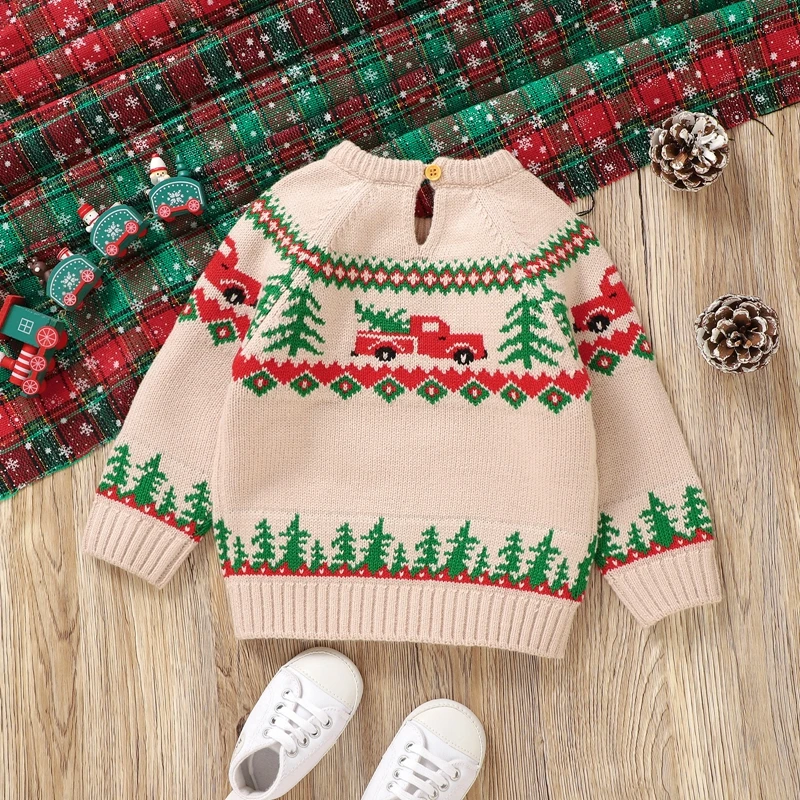 6M-3Y Baby Boy Christmas Sweaters Long Sleeve Button Round Neck Truck Print Knit Pullovers Infant Jumper Tops