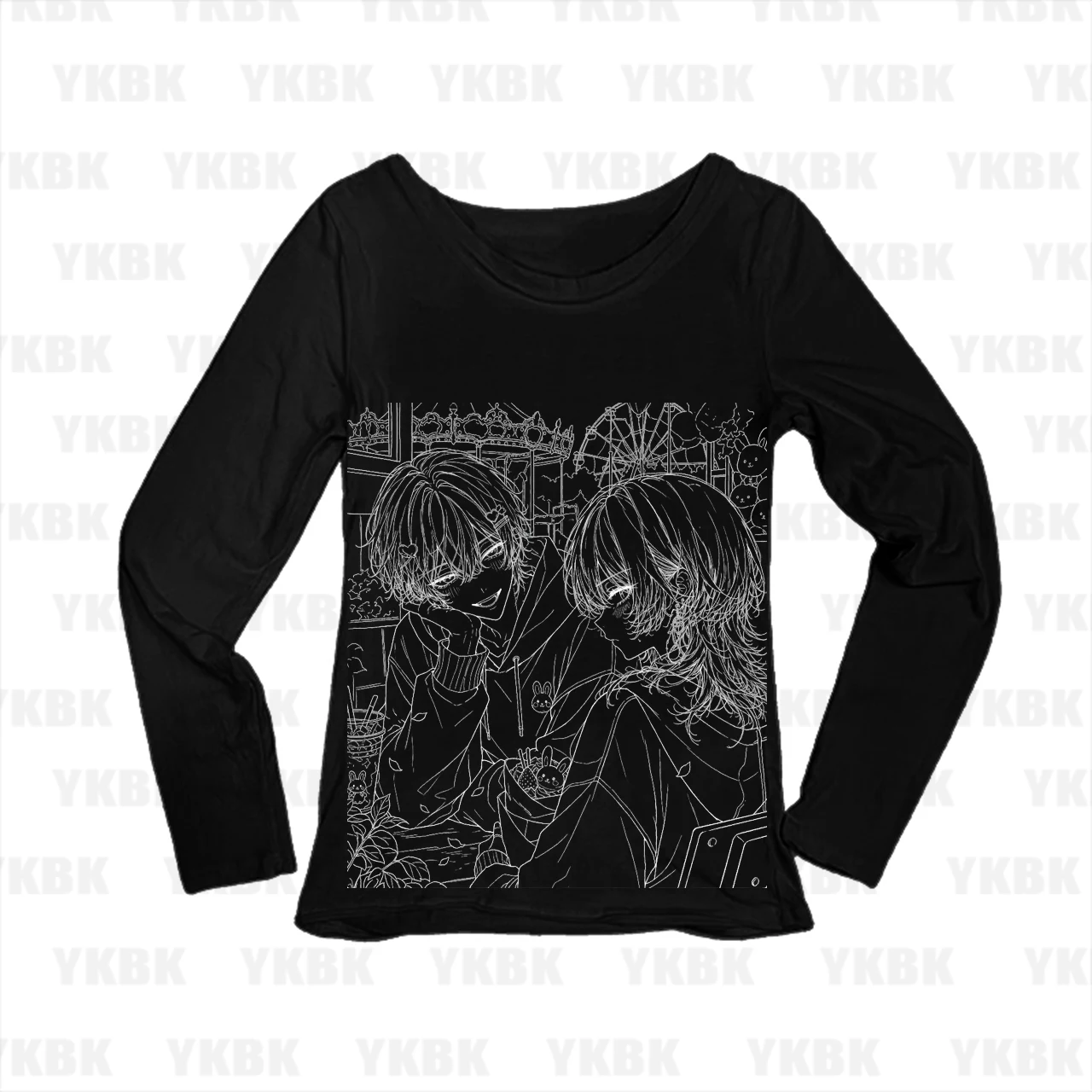 Wholesale Women Long Sleeve T‑Shirt Anime Couple Amusement Park Date Ferris Wheel Line Art Print O‑Neck Slim Manga Ladies Tops C