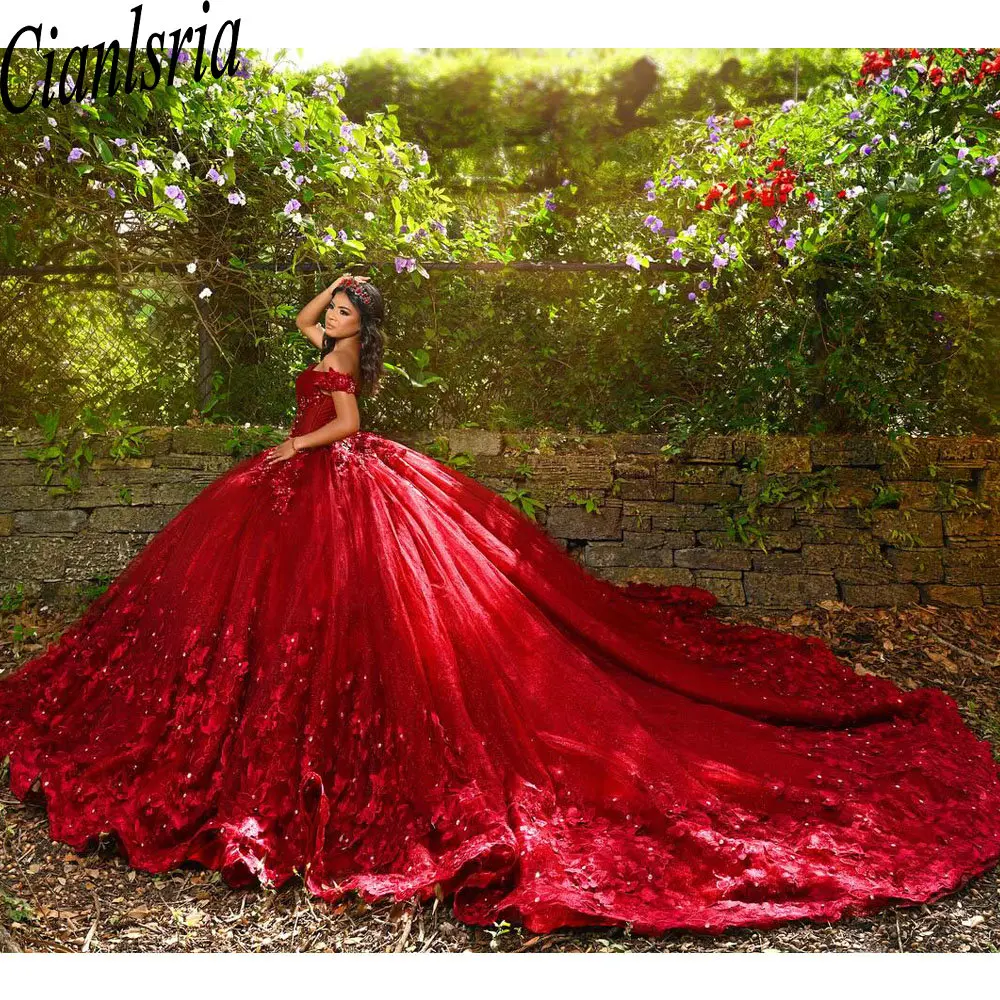 Vestido de quinceañera con apliques de lentejuelas Rojas, vestido de baile con cuentas de encaje, hombros descubiertos, flores 3D, dulce cumpleaños 15