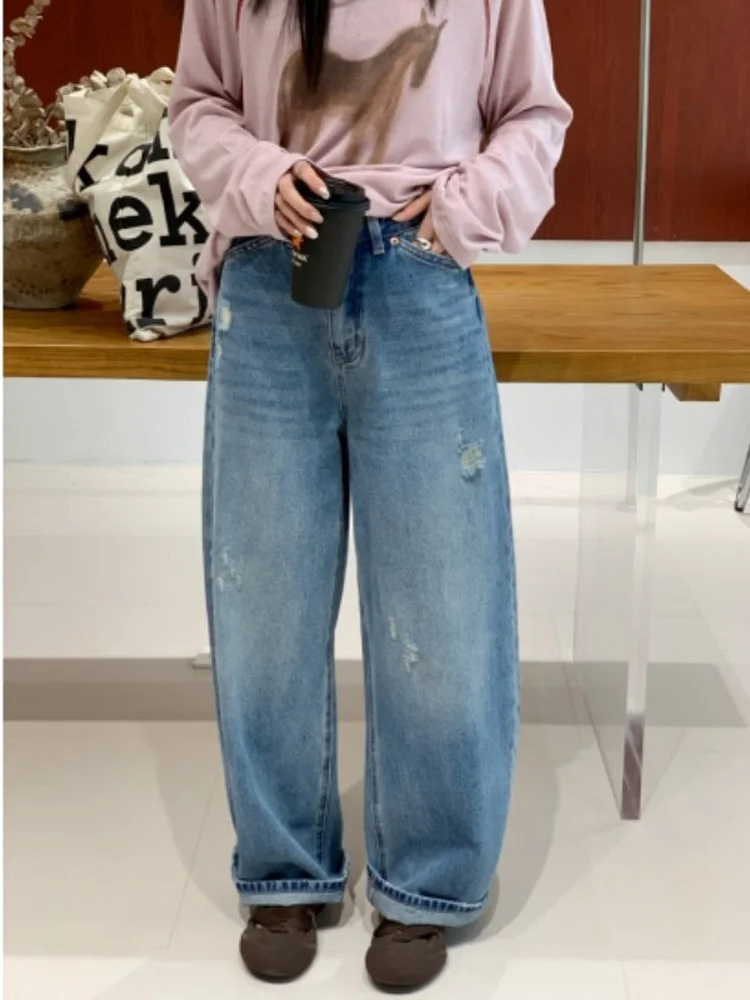 

Feita Light Blue Waed High Waist Harlan Jeans Casual Slimming Knife Wide Leg Pants Women's Loose Fit Non-Stretch Cotton