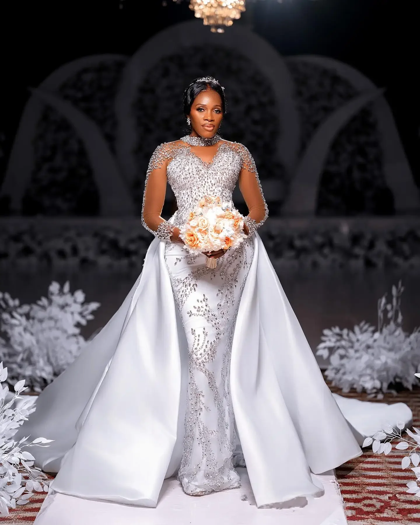 

Customized African High Collar Handmade Full Crystals Rhinestones Wedding Dress Full Sleeves Bridal Gown with Removable Skirt