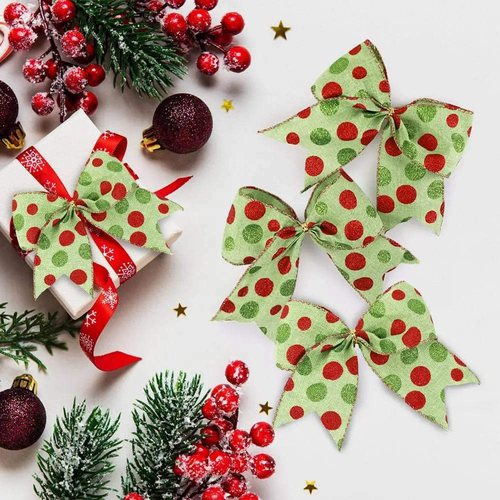 

6inch Christmas Bow 12PC Red and Green Xmas Wreath Bows Glitter Dot Bow Ribbon Ornament for 2025 Navidad Gifts Bow Party Decora
