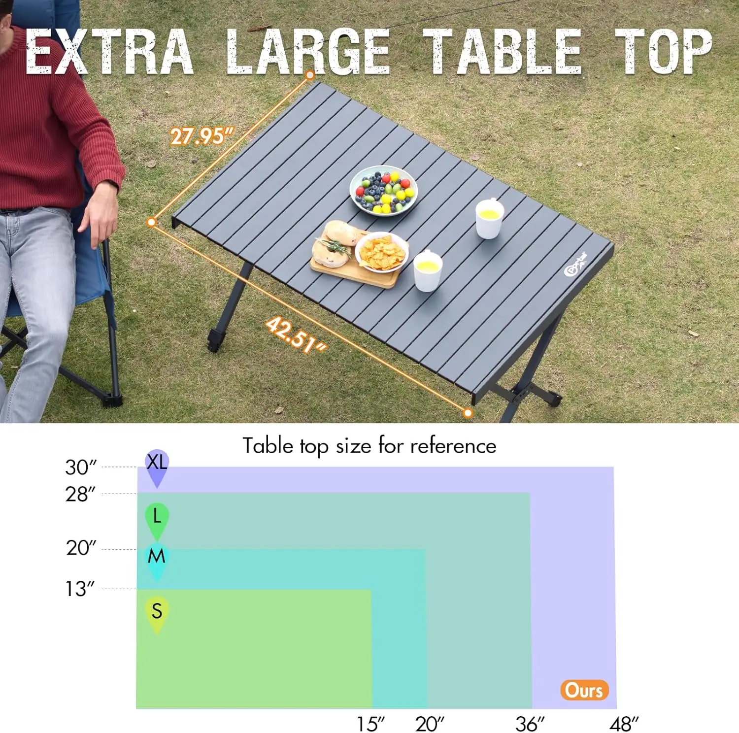 طاولة تخييم خارجية قابلة للطي مع ارتفاع قابل للتعديل، سطح قابل للطي من الألومنيوم وحقيبة حمل، كبيرة ومحمولة