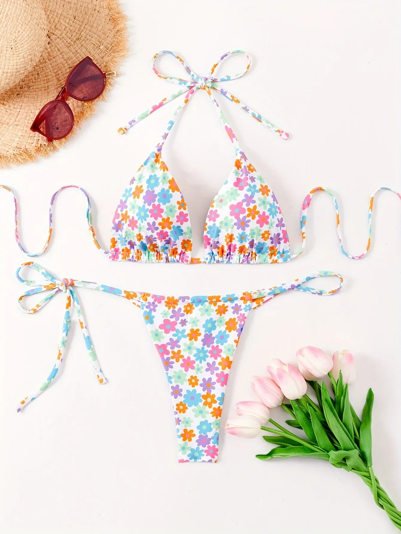 

Sexy flower print halter string micro bikini sets two pieces tie back swimsuit Swimwear bathing suit beach outfits biquini