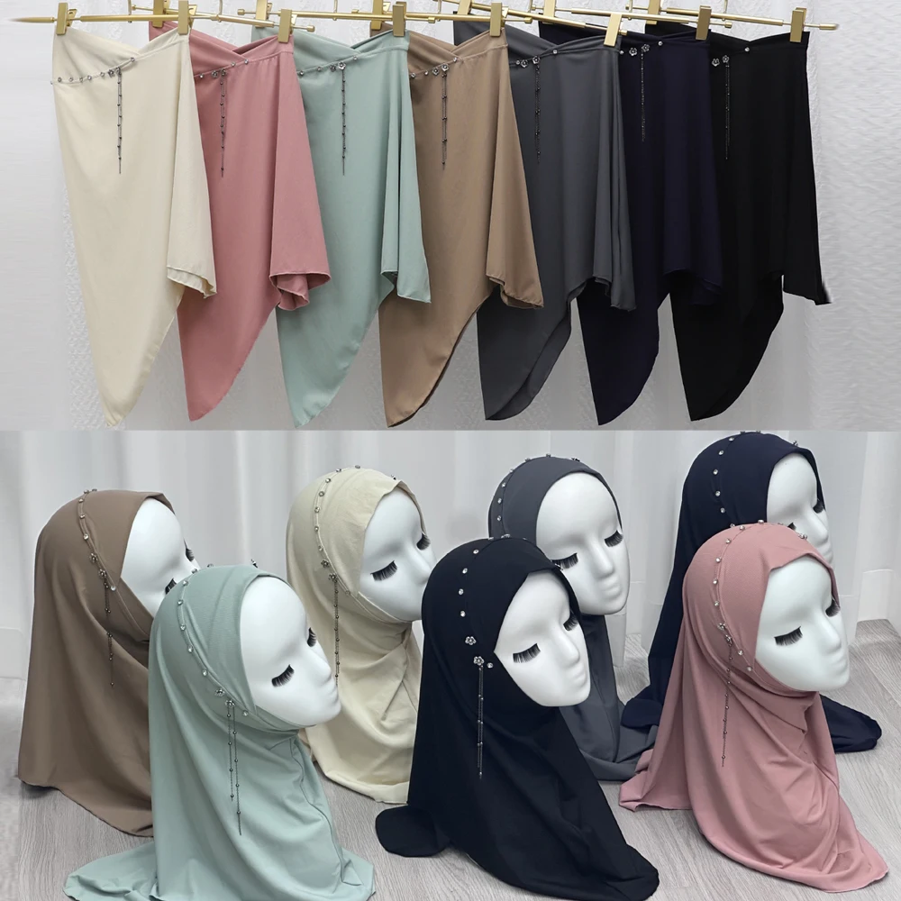 

Fashion Women Long Tassel Diamonds Hijab Scarf Muslim Headscarf Pull On Instant Scarves Islam Amira Prayer Hijabs Turban Niqab