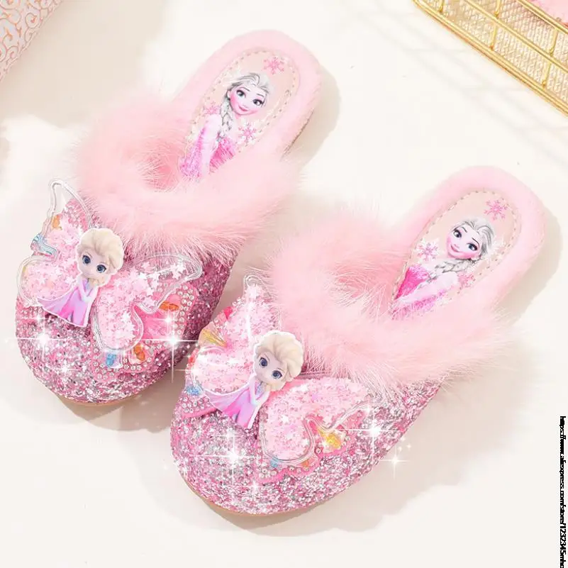 Disney Girls Fur Slipper Frozen Sequined Princesse Children Party Dress Elsa Shoes Leather Home Slipper For Kids Slides