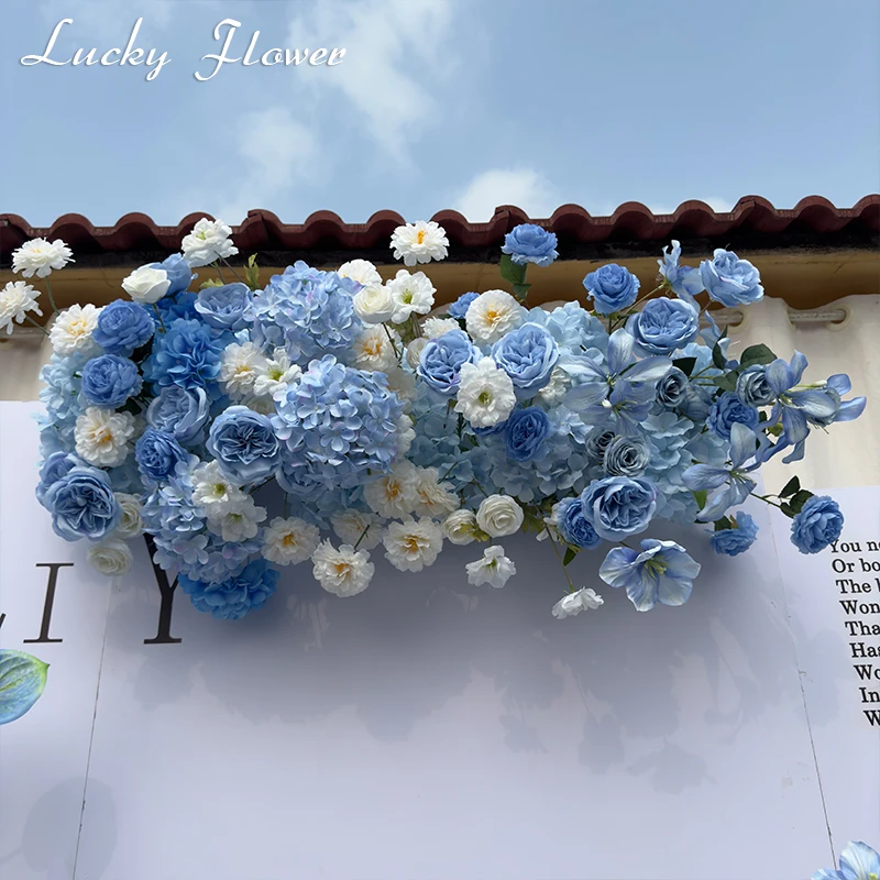 Luxury Blue White Rose Wedding Backdrop Decor Party Event Decoration Artificial Flowers Road Lead Flower Ball Hanging Flower Row