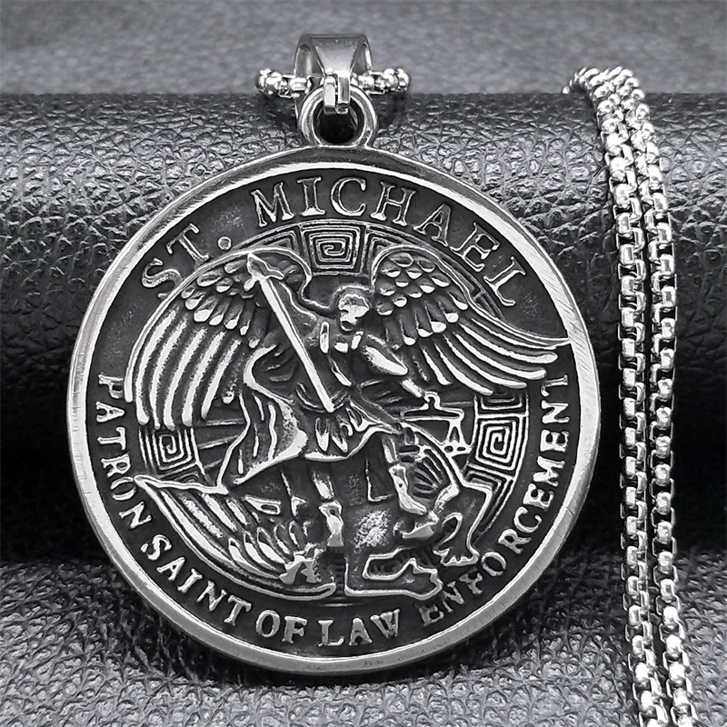 Archangel St.Michael Protect Us Pendant Necklace for Women Men Stainless Steel Saint Chain Biker Boyfriend Gift Jewelry