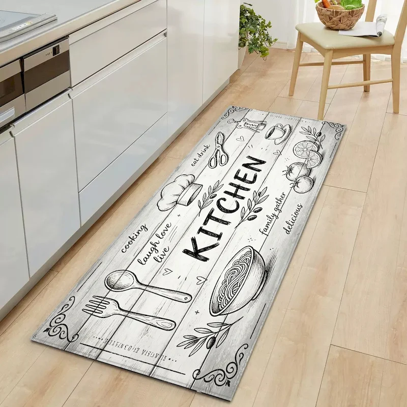 VIKAMA Retro Wood Sketching Kitchen Carpet Kitchen Non Slip Floor Mat Black And White Tool Printed Floor Mat Home Decoration