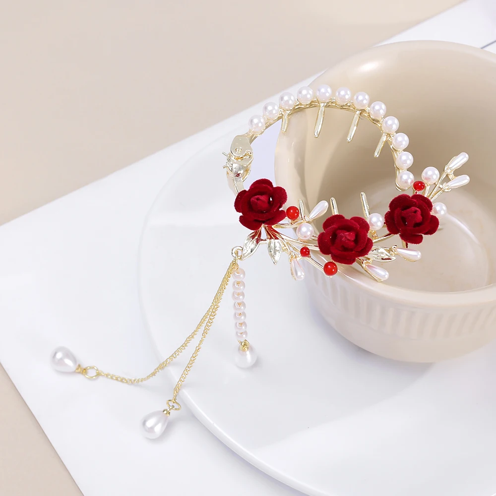 Vintage Red Rose Hairpin Hair Claw French Elegant Fashion Headdress Women\'s Back Updo Hair Tassel Hairpin Headwear Accessories