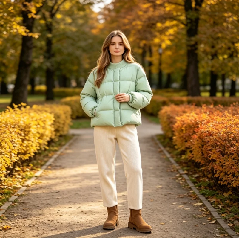 Layered Look Padded Jacket for Women Ribbed Knit Trim Short Winter Coat Warm Quilted Puffer Outerwear with Buttons Loose Fit