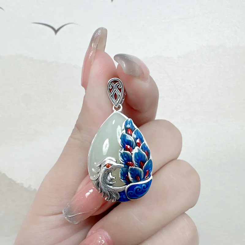 Langyan 925 Silver Peacock Water Drop Pendant for Women Jade Enamel Colorful Retro Ethnic Handmade Exquisite Pendants Jewelry