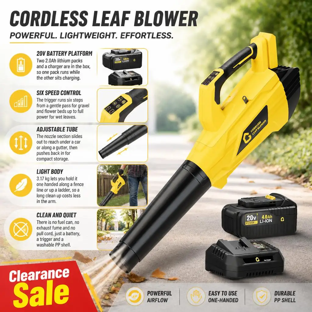 Cord Free Leaf Blower, 20V Handheld Battery Powered 550 CFM 130 MPH, 6 Speed Adjustable Control, 2 x 2.0Ah Batteries and Charger, Adjustable Tube, Lightweight Electric for Lawn Patio Driveway Garden Cleaning, 96 cm, Black Yellow