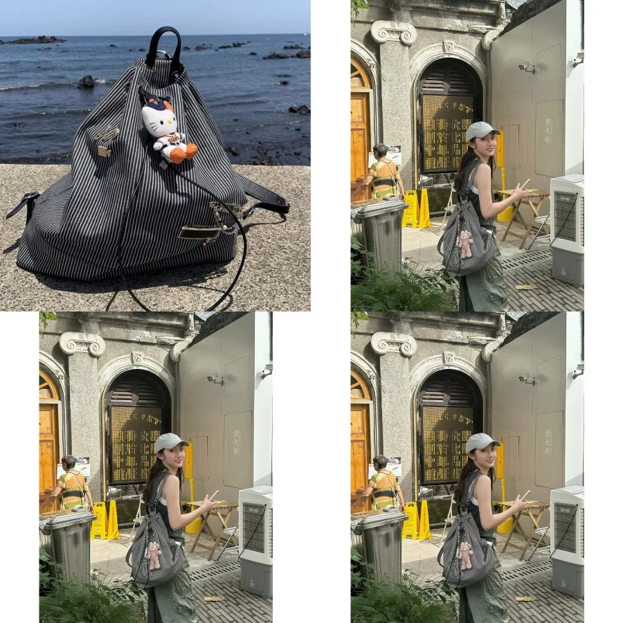 

【New style】Korean canvas stripe commuting backpack for men and women drawstring sports large-capacity travel backpack simple an