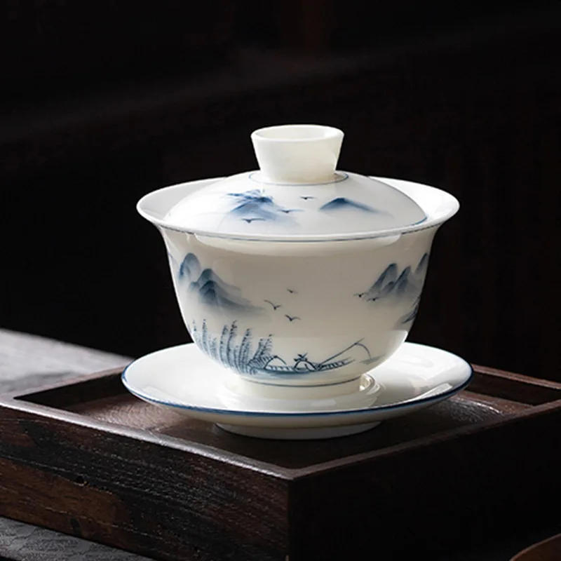 Jingdezhen Pure Hand Drawing Sancai Gaiwan Tea Cup Single High-End Blue and White Porcelain Landscape Painting Bowl Ceramic