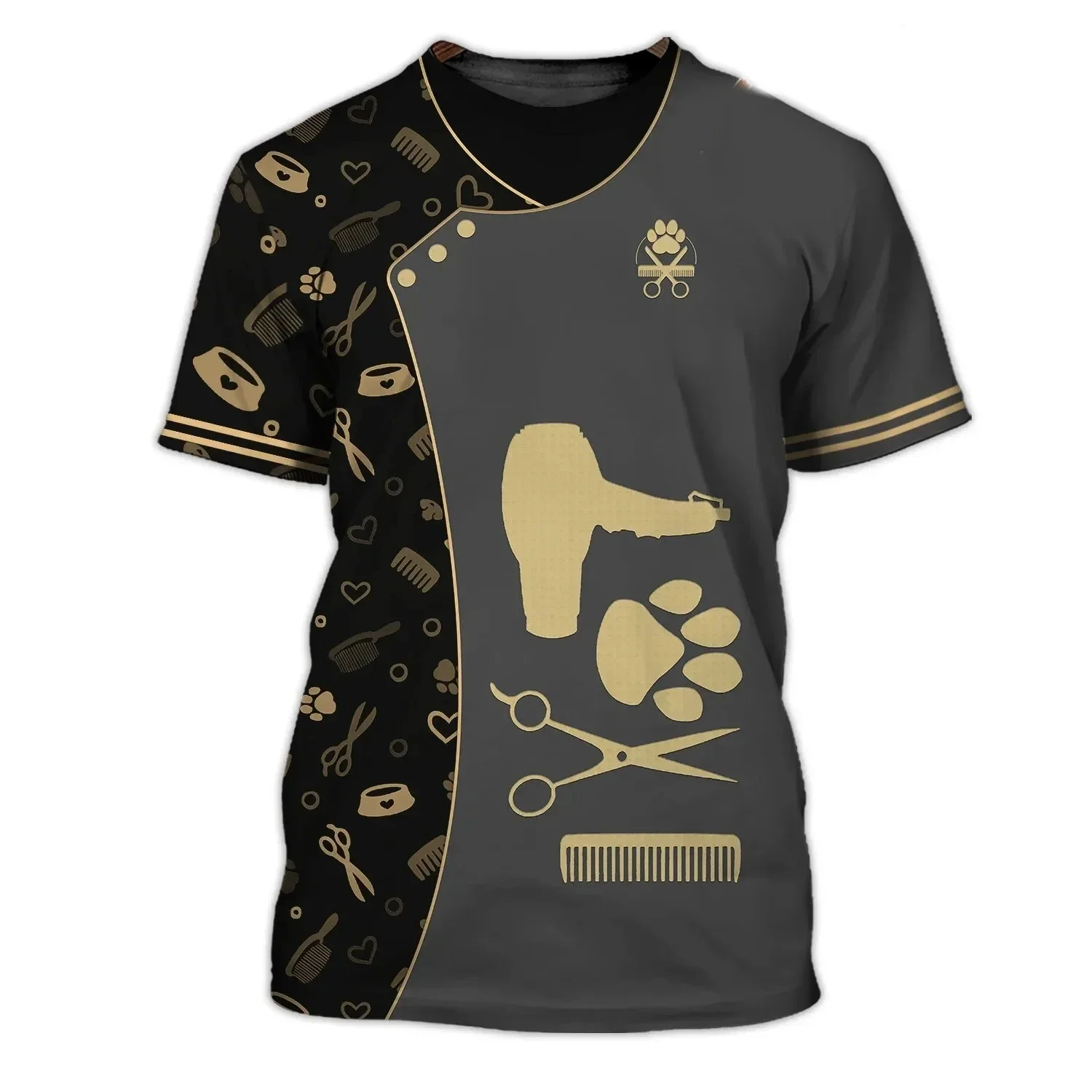 Men's New Cute Animal Hairdressing Tool Printed Element T-shirt for Summer Fitness, Breathable and Sweat-absorbing T-shirt