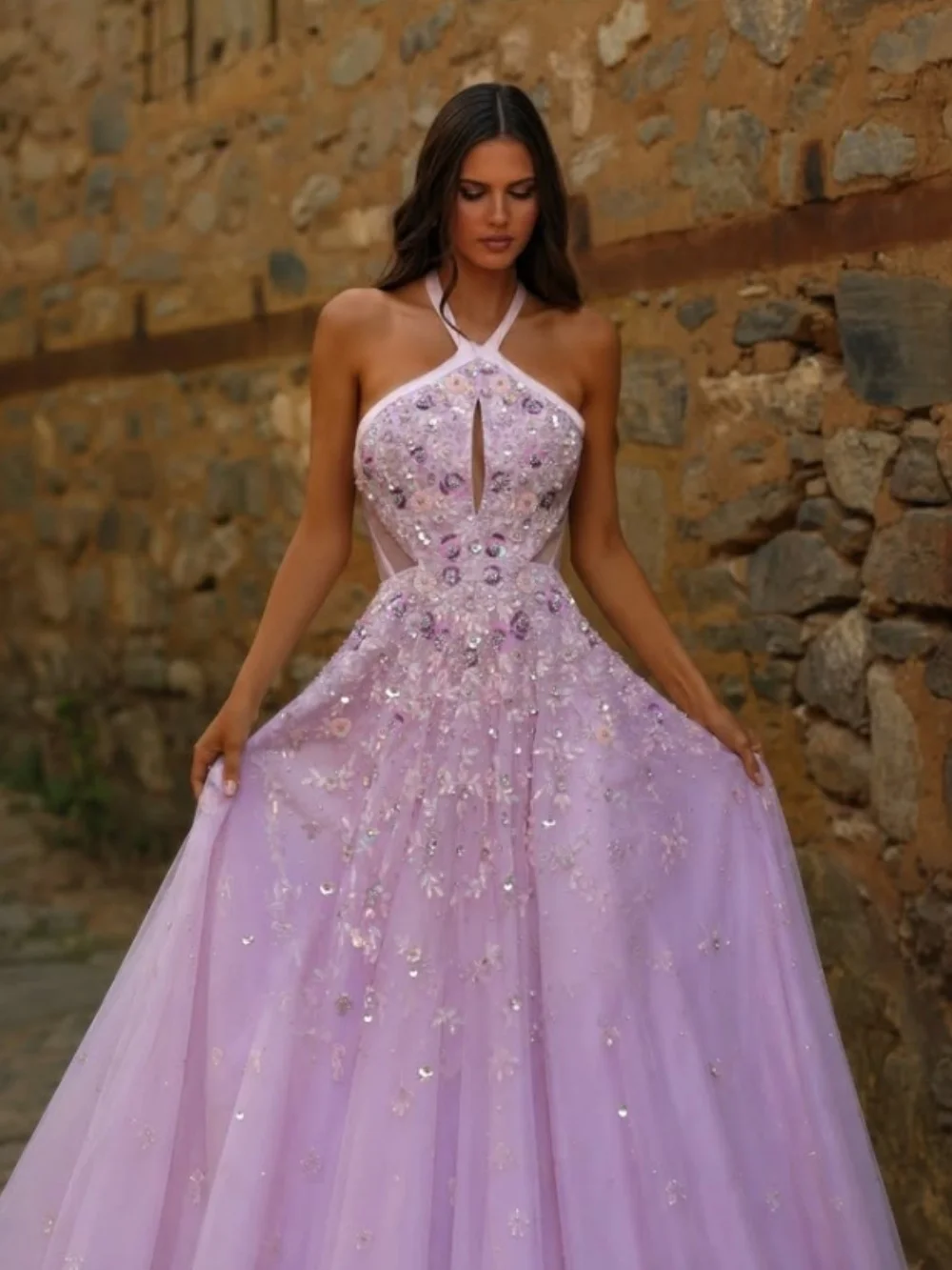 Dreamy Halter Keyhole Beaded Floral Tulle A Line Evening Gown 2027 Romantic Formal Prom Party Dress Wedding Guests فساتين سهرة