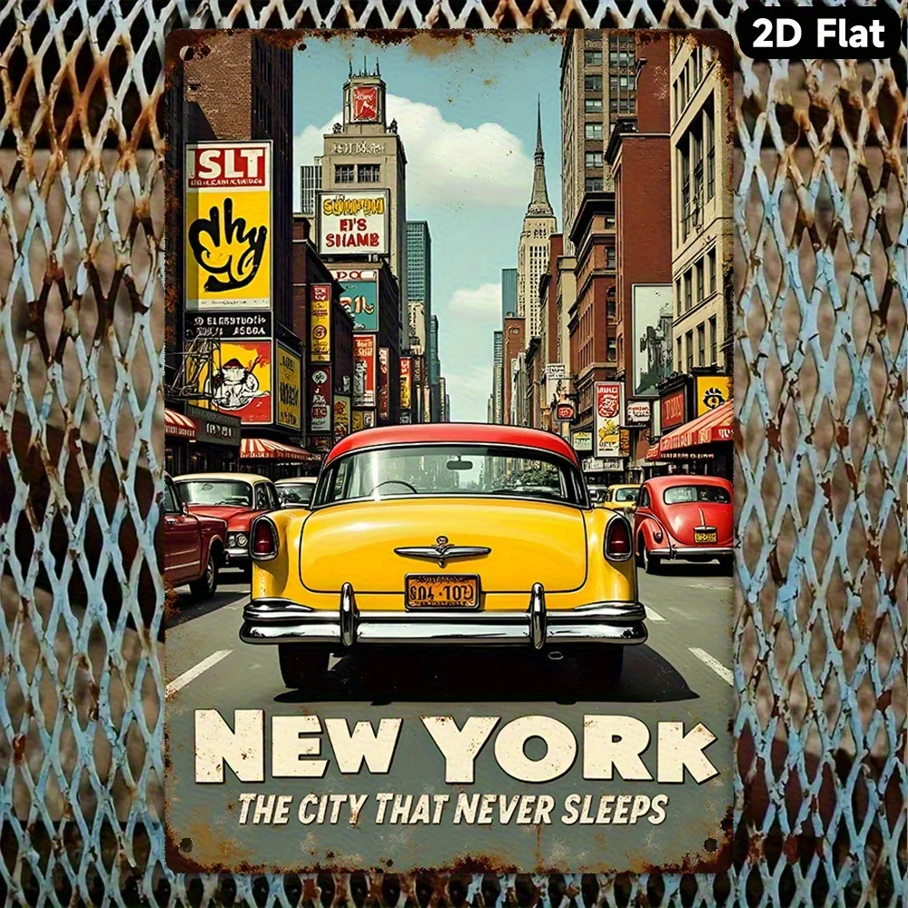 New York City That Never Sleeps Tin Sign - Vintage Metal Wall Art with Times Square & Empire State Building, Retro Art Deco Des