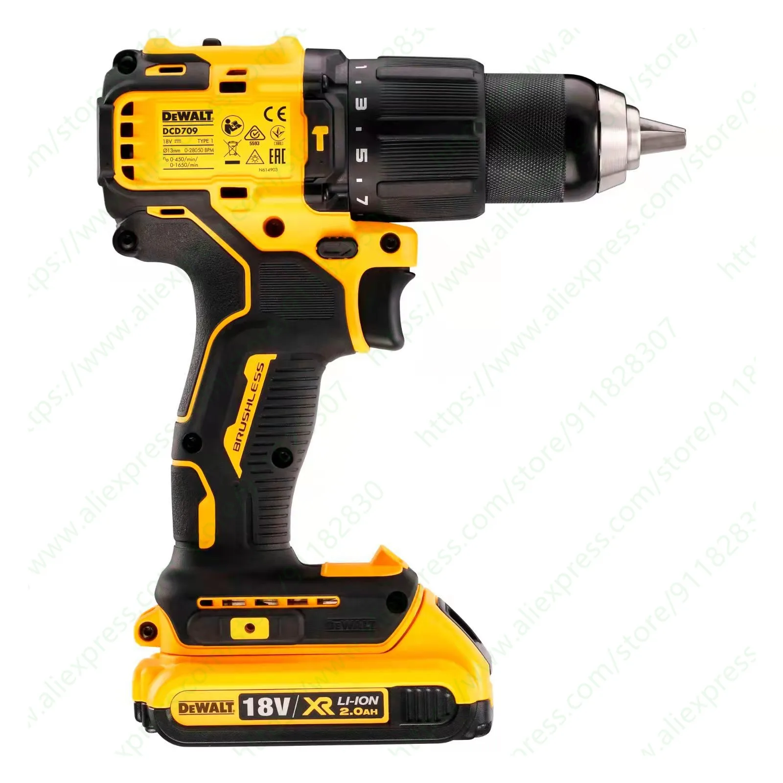 Dewalt-taladro de impacto compacto sin escobillas DCD709N, destornillador eléctrico Combi de iones de litio de 20V, Taladro Inalámbrico de 65 NM