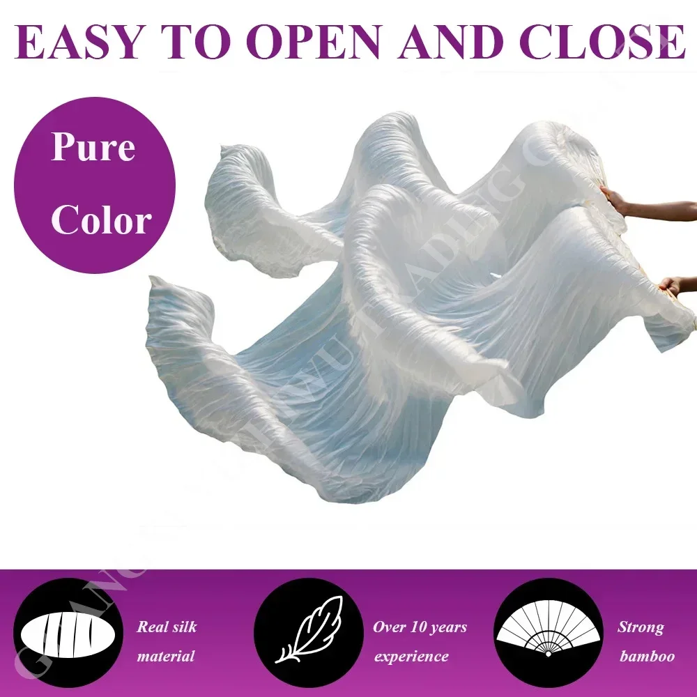 High Quality 1 Pair Real Silk Pure Color Belly Dance Fan Veils Chinese Belly Dancing Long Fans
