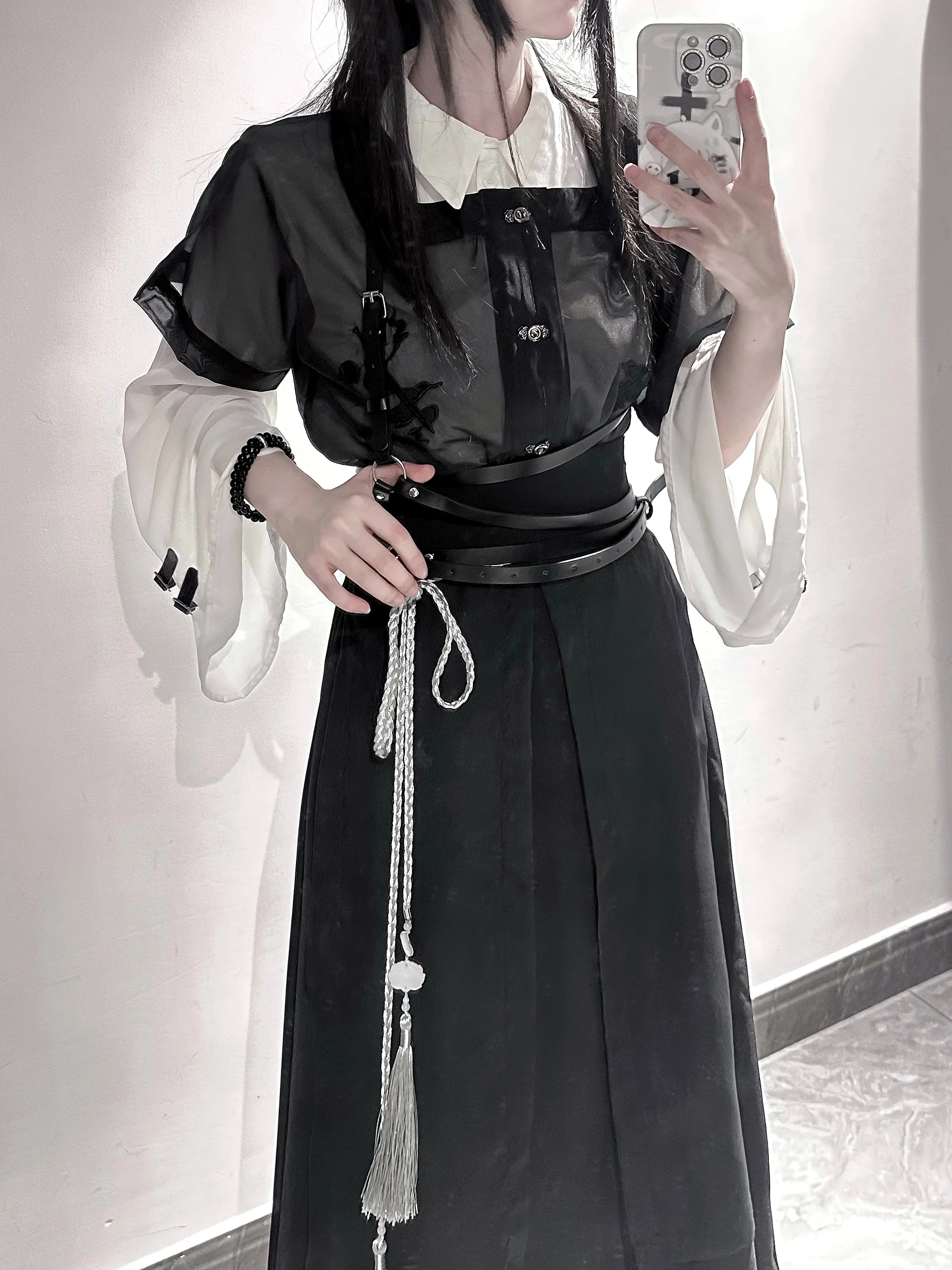 New Chinese Style Waist Slimming Black and White Suit Chivalrous Female Long Sleeve White Blouse Shirt and Skirt Outfits