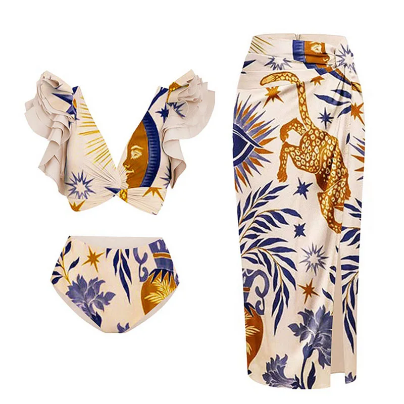 One-piece Women Swimwears Swimsuit Set Beach Dress StyleBikini With Off-shoulder Ruffled Ethnic-Print Separates Swimsuit