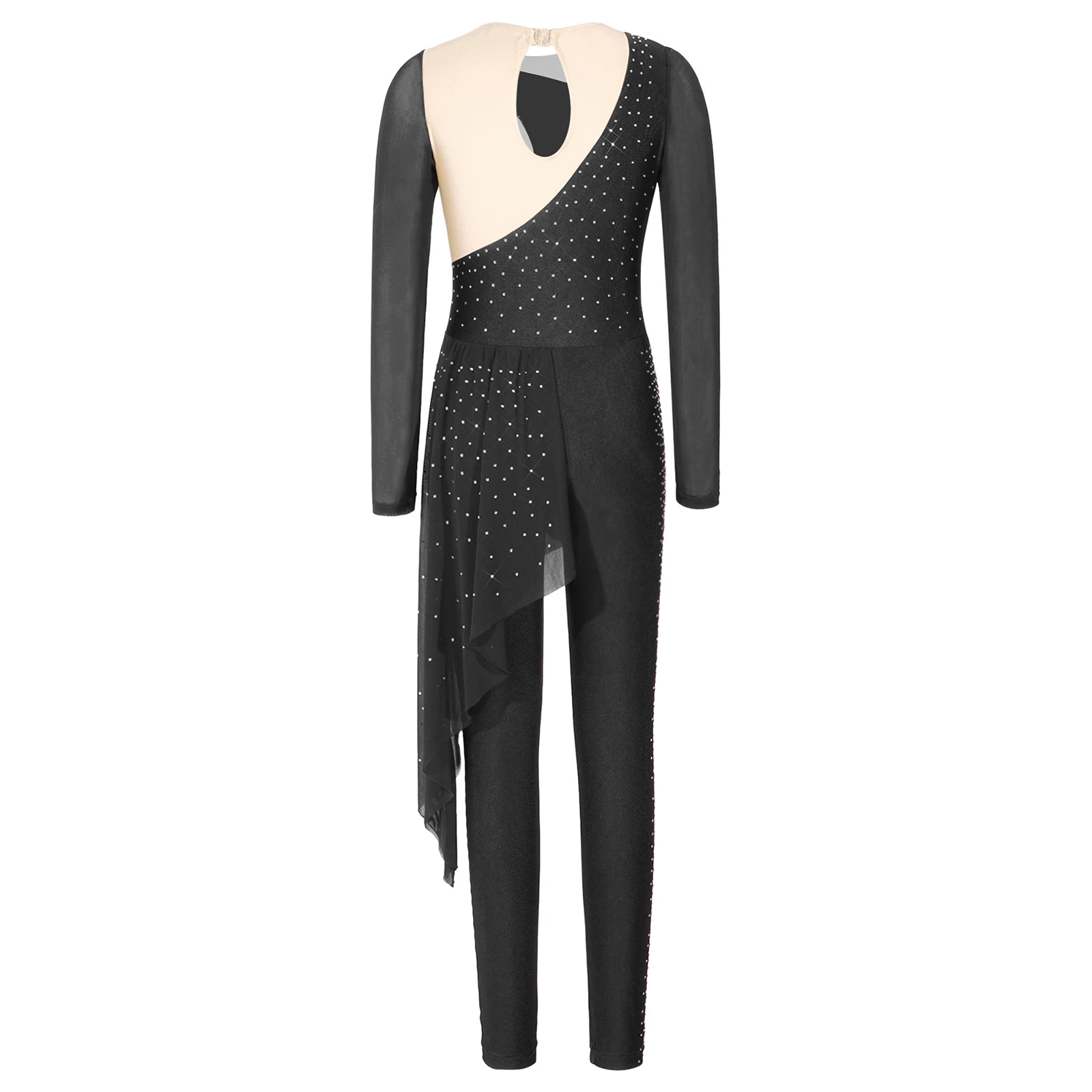 Mädchen-Kostüm für Eiskunstlauf mit Strasssteinen, glitzerndes Strass-Design, langärmeliger Overall, Tanzkleidung für lyrisches Ballett. – Detail 9